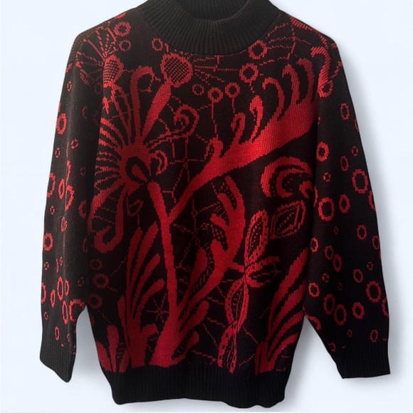 Sweaters - Floral Patterned Black and Red Sweater